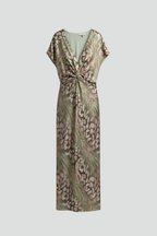 Women’s Ankle-Length Dress with V Neckline and Knotted Detail