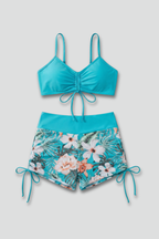 Women’s Bikini Set with Ruched Top and Printed Shorts