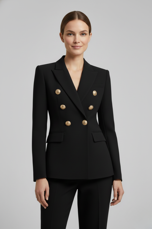 Eksklusiv Dobbeltradet Blazer med Guldknapper i Sort - Klassisk Design — Image 2