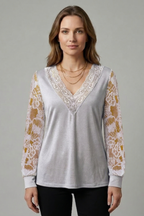 Women’s Blouse with V Neckline and Lace Sleeves
