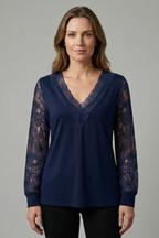 Women’s Blouse with V Neckline and Lace Sleeves