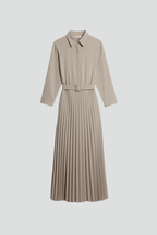 Women’s Button-Up Midi Dress with Belted Waist and Pleated Skirt