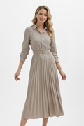 Women’s Button-Up Midi Dress with Belted Waist and Pleated Skirt