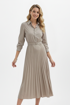 Women’s Button-Up Midi Dress with Belted Waist and Pleated Skirt