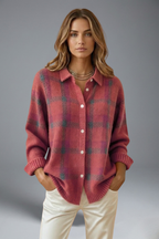 Women’s Cardigan Jumper with Button Closure and Check Pattern