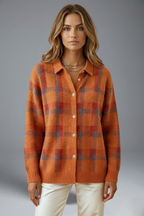 Women’s Cardigan Jumper with Button Closure and Check Pattern