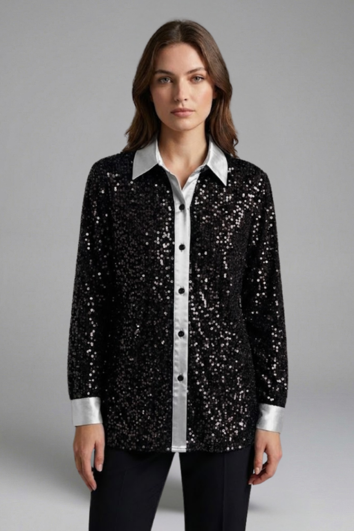 Women’s Shirt with Button Fastening and Sequin Surface