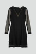Women’s Cocktail Dress with Sequined Sleeves and Plunging Neckline