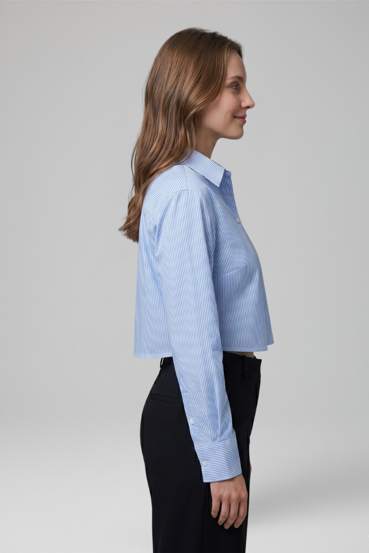Women's Cropped Button-Up Shirt with Pointed Collar for Everyday Wear