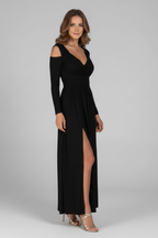 Women’s Dress with Lace Appliques and Tiered Skirt with V Neckline and Side Slit
