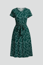 Women’s Dress with Round Neckline and Waist Tie