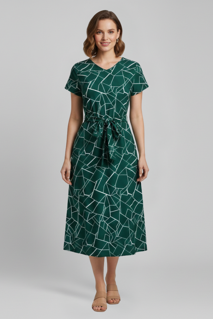 Women’s Dress with Round Neckline and Waist Tie