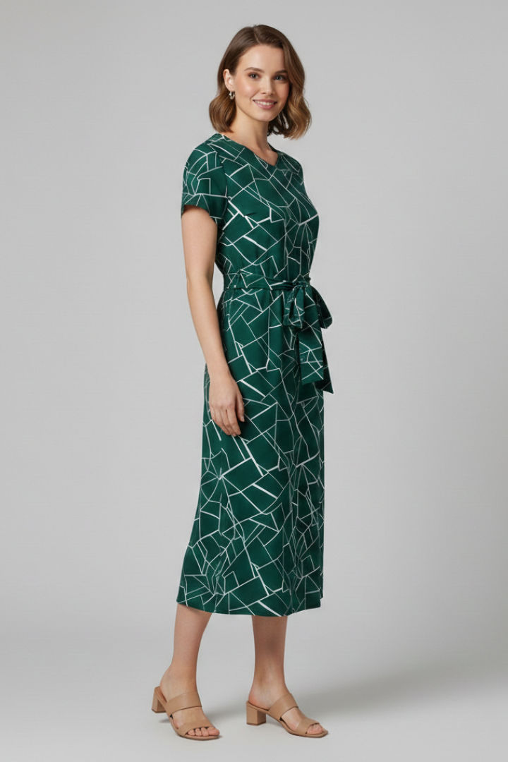 Women’s Dress with Round Neckline and Waist Tie