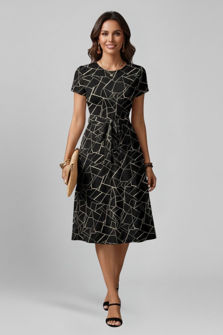 Women’s Dress with Round Neckline and Waist Tie