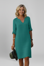 Women’s Dress with V-Neck and Three-Quarter Sleeves