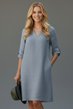 Women’s Dress with V-Neck and Three-Quarter Sleeves