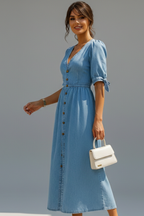 Women’s Dress with V-Neckline and Button Placket