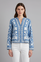 Women’s Embroidered Blouse with Floral Pattern and Long Sleeves