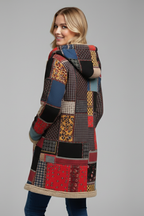 Women’s Hooded Overcoat with Zip and Patchwork Surface