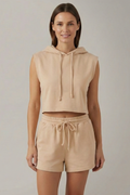 Women’s Hooded Top and Shorts Set with Sleeveless Cut and Elastic Waist