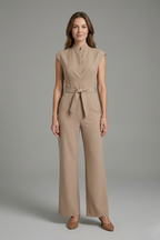 Women’s Jumpsuit with Stand Collar and Waist Tie