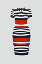 Women’s Knee-Length Dress with Stripe Pattern and Short Sleeves
