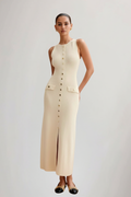 Women’s Knit Maxi Dress with Sleeveless Cut and Front Buttons