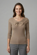 Women’s Knitted Top with Bow Detail and Long Sleeves