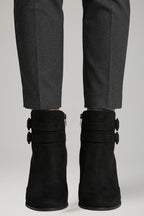Women's Leather Cowboy Boots with Buckle Detail and Sturdy Heel