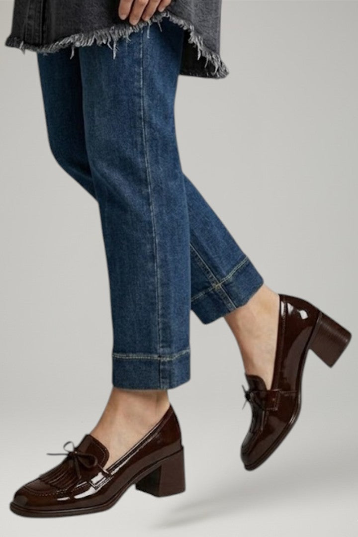 Women's Leather Loafer Pumps with Tassel Detail and Block Heel