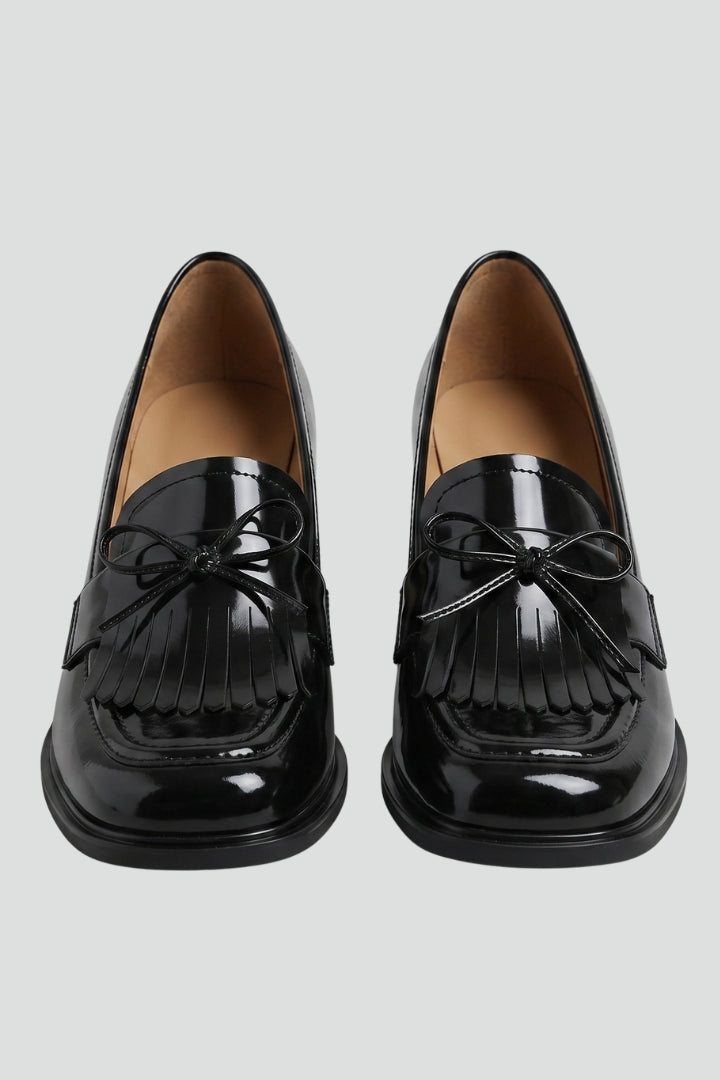 Women's Leather Loafer Pumps with Tassel Detail and Block Heel