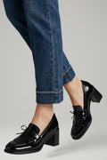 Women's Leather Loafer Pumps with Tassel Detail and Block Heel