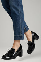 Women's Leather Loafer Pumps with Tassel Detail and Block Heel