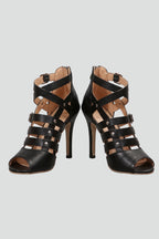 Women's Leather Sandals with Zipper Closure and Stiletto Heel