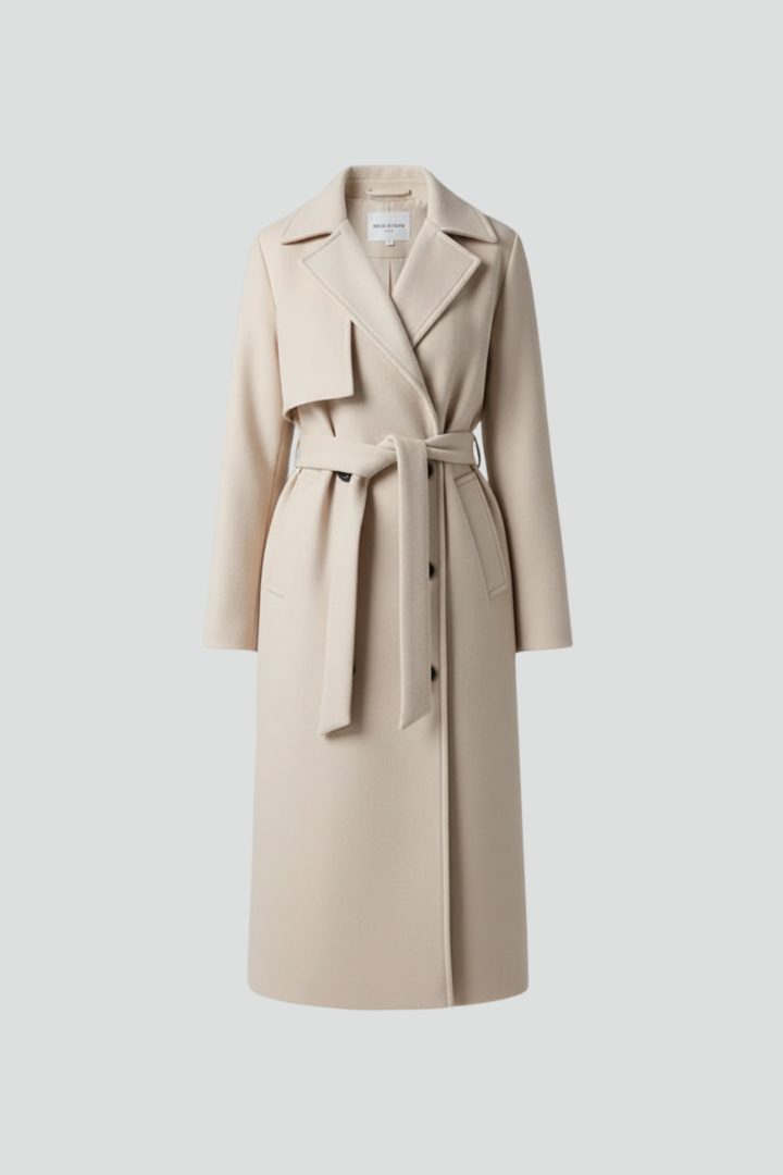Elegant Kvinde Uldfrakke med Bælte i Beige og Brun — Main Image