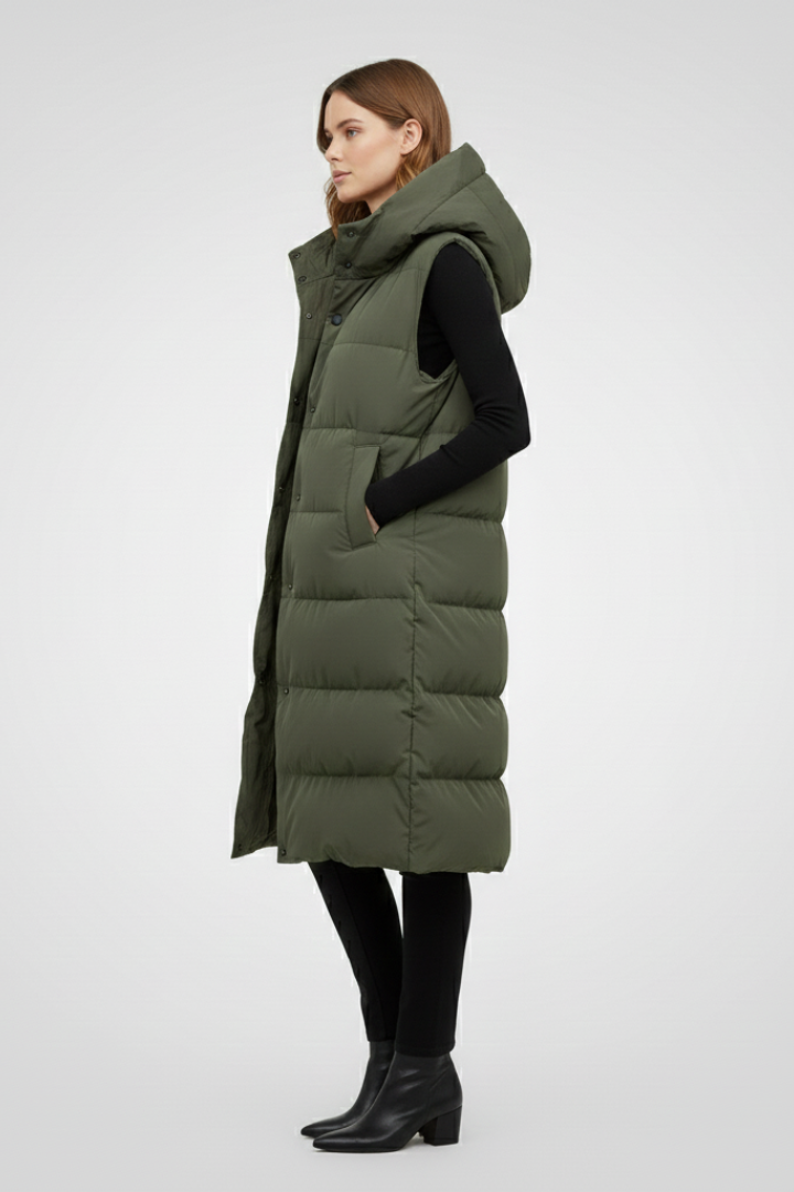 Lang quiltet vest med hætte til kvinder i flere farver, polyester — Image 4
