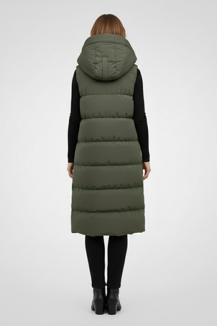 Lang quiltet vest med hætte til kvinder i flere farver, polyester — Image 5