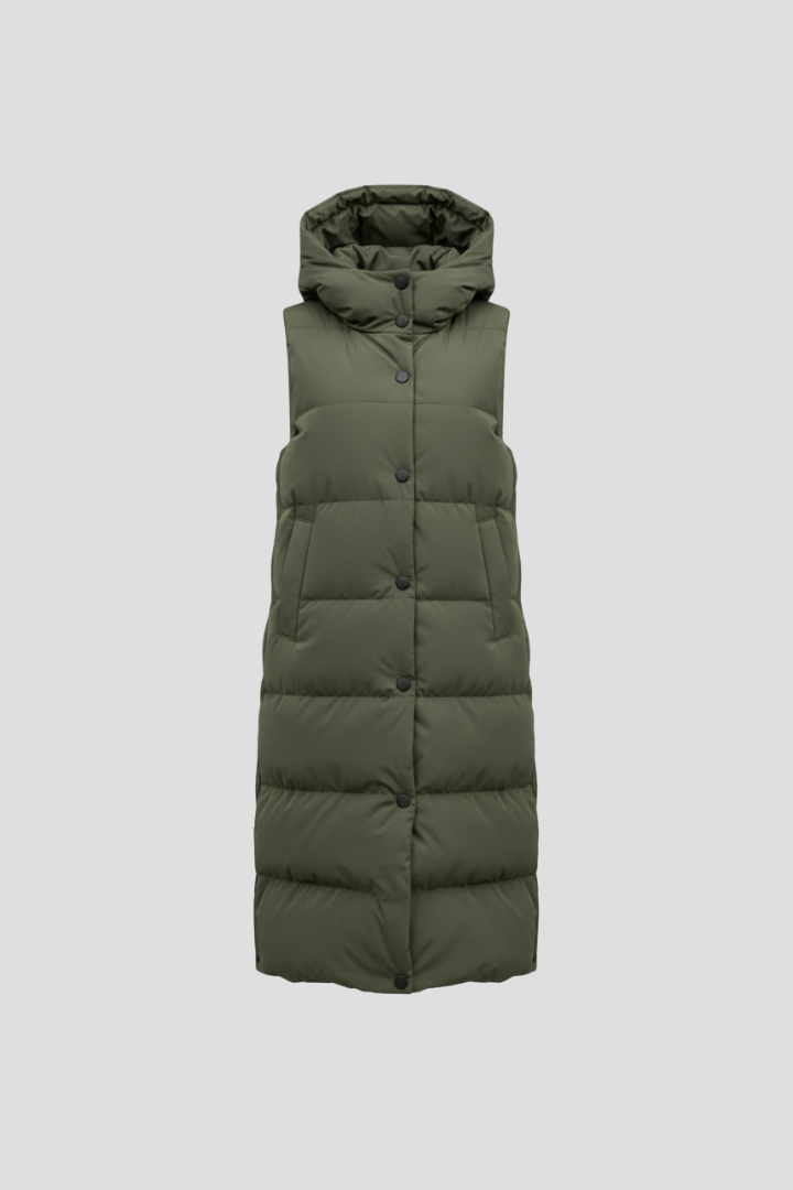 Lang quiltet vest med hætte til kvinder i flere farver, polyester — Main Image