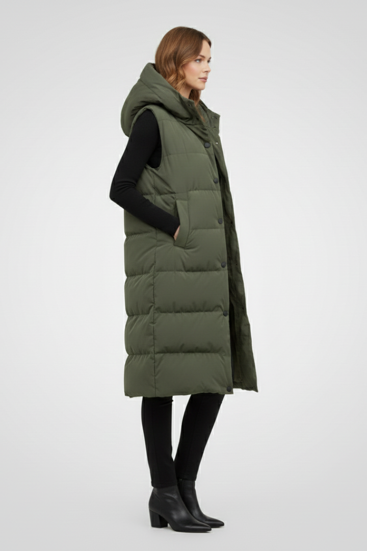 Lang quiltet vest med hætte til kvinder i flere farver, polyester — Image 3