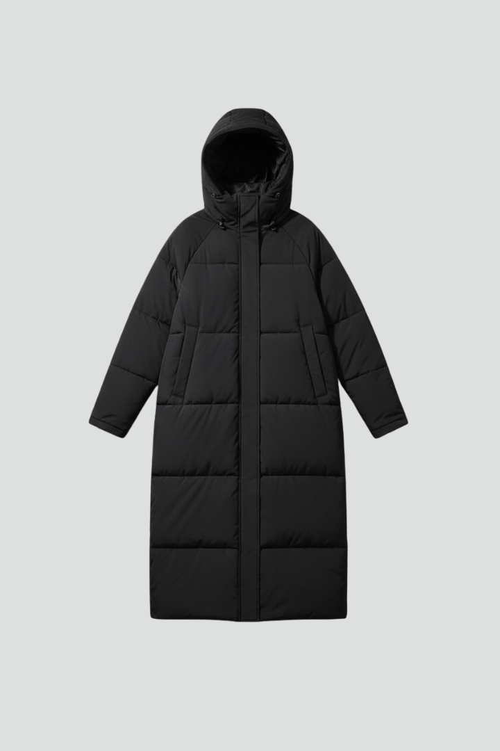 Lang dunjakke til kvinder i sort og beige, polyester, varm og vandafvisende — Main Image