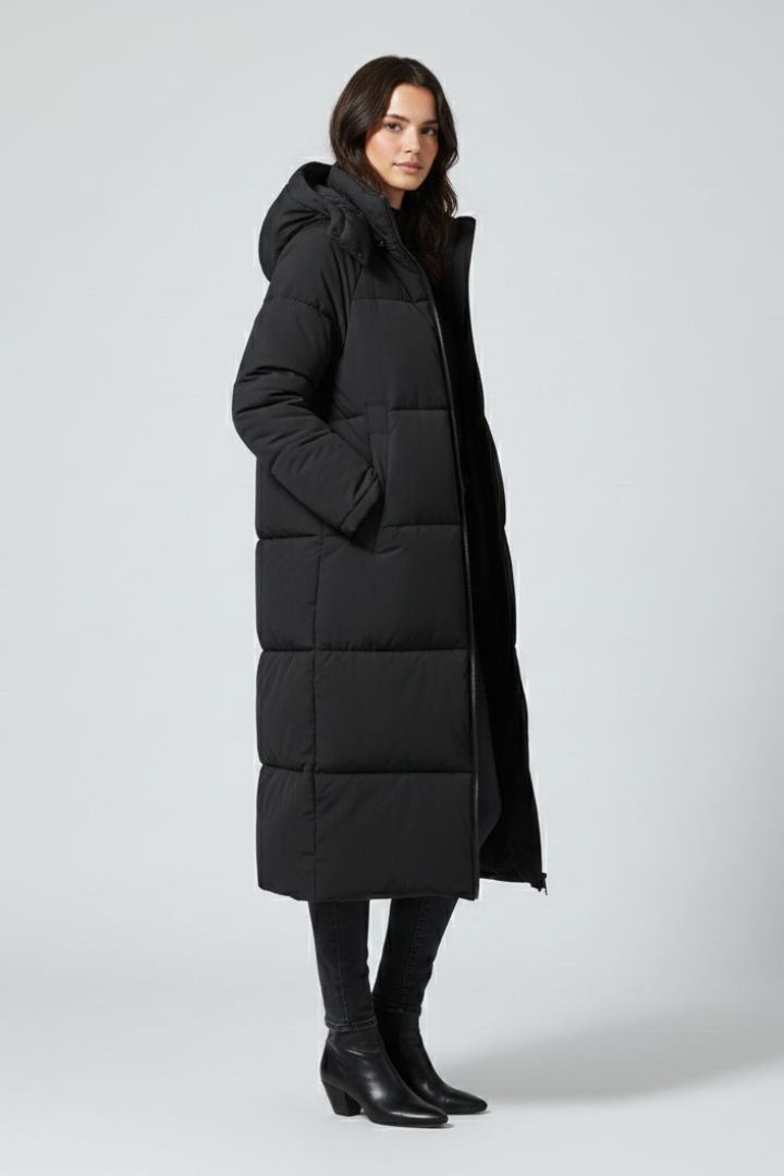 Lang dunjakke til kvinder i sort og beige, polyester, varm og vandafvisende — Image 3