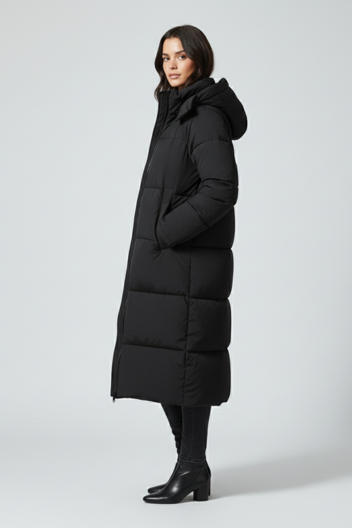 Lang dunjakke til kvinder i sort og beige, polyester, varm og vandafvisende — Image 4