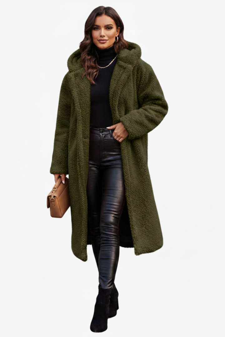 Elegant Lang Teddyfrakke til Kvinder med Hætte i Beige — Image 5