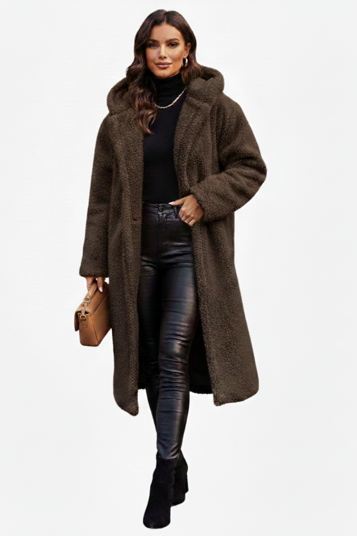 Elegant Lang Teddyfrakke til Kvinder med Hætte i Beige — Image 6