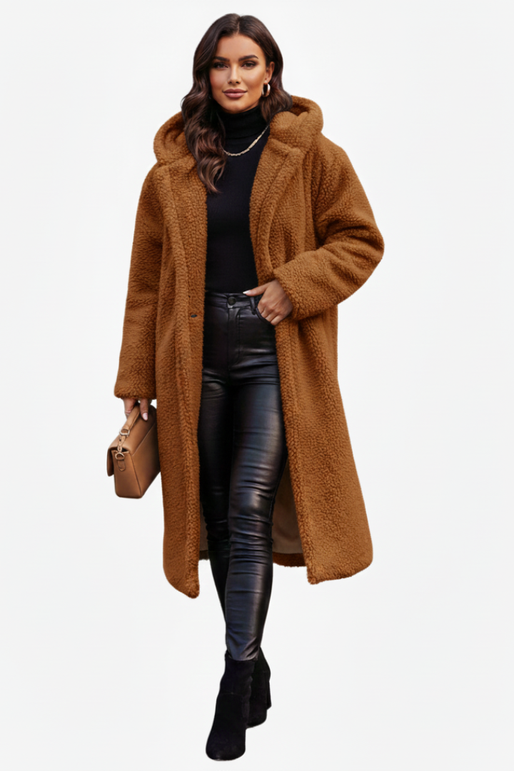 Elegant Lang Teddyfrakke til Kvinder med Hætte i Beige — Image 8