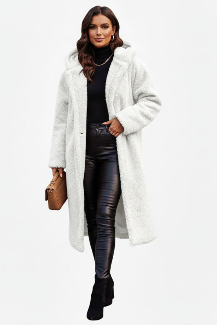 Elegant Lang Teddyfrakke til Kvinder med Hætte i Beige — Image 11