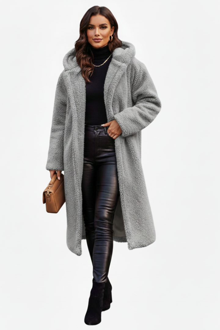 Elegant Lang Teddyfrakke til Kvinder med Hætte i Beige — Image 10