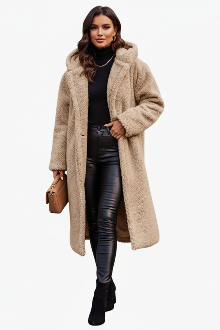 Elegant Lang Teddyfrakke til Kvinder med Hætte i Beige — Main Image