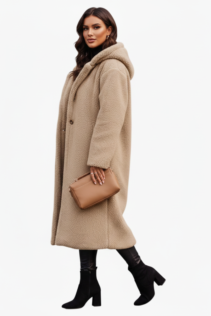 Elegant Lang Teddyfrakke til Kvinder med Hætte i Beige — Image 2