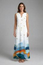 Women’s Maxi Dress with Split Neck and Sleeveless Design